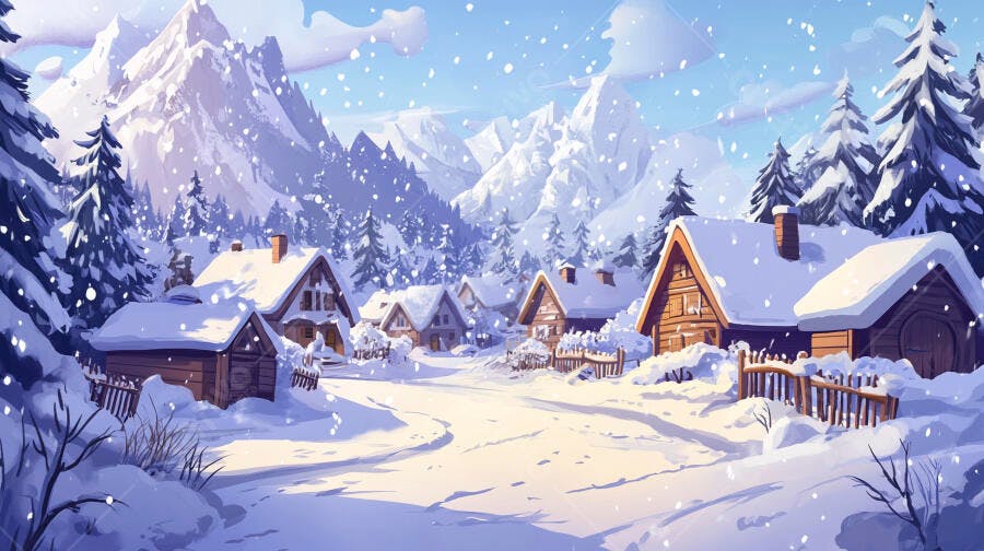 Paisagem Inverno Neve Vilarejo Montanhas Desenho
