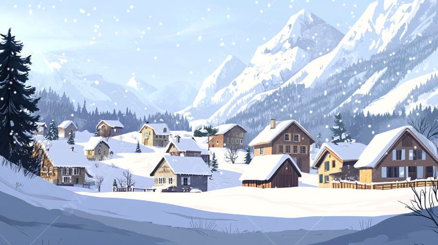 Ilustração Aldeia Nevada Montanhas Inverno Paisagem