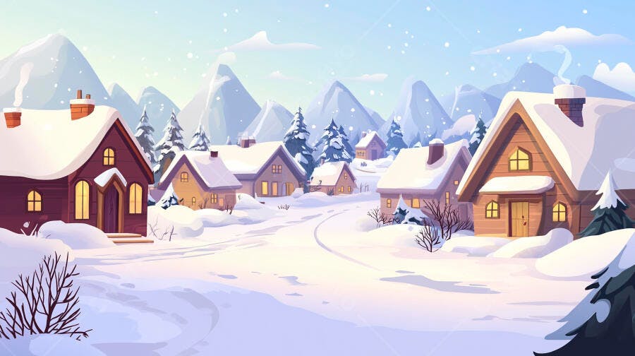 Ilustração Vila Nevada Natal Inverno Montanhas Desenho