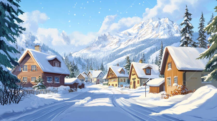 Ilustração Aldeia Nevada Montanhas Inverno Paisagem