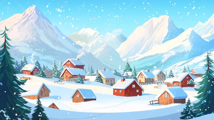 Ilustração Aldeia Natalina Neve Montanhas Inverno