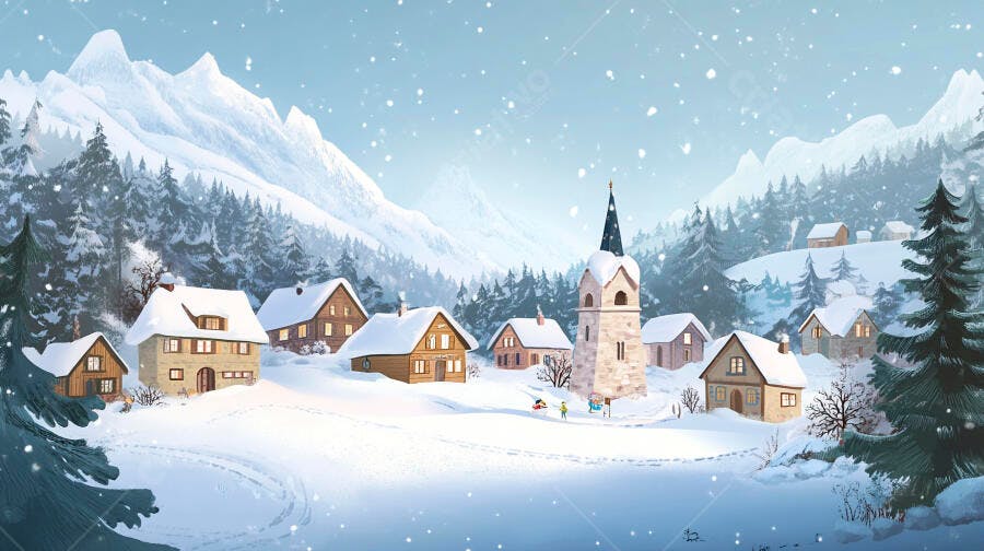 Ilustração Vila Nevada Natal Montanhas Inverno