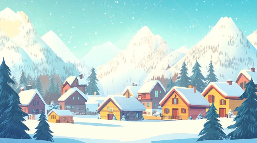 Ilustração Vila Natalina Neve Montanhas Inverno Desenho