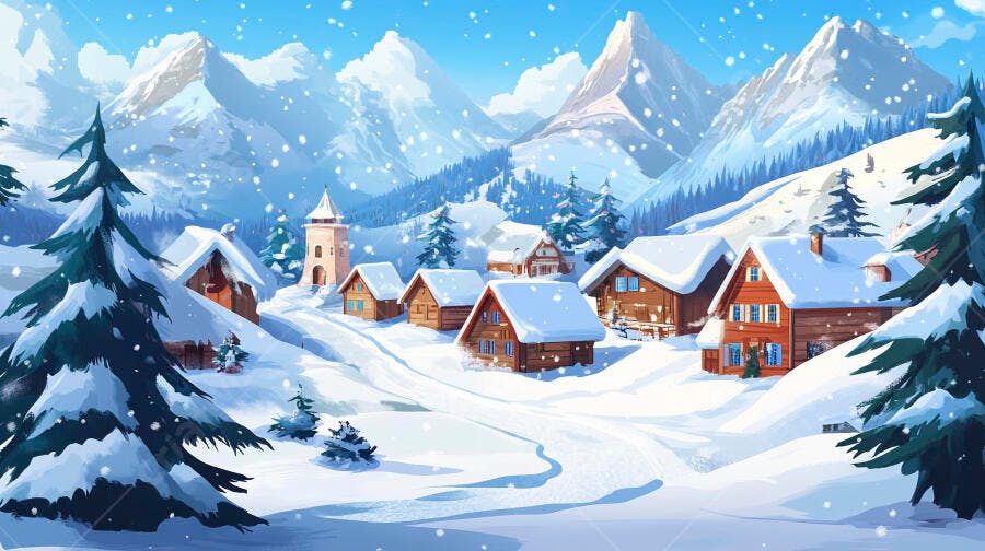 Ilustração Vila Neve Montanhas Inverno Paisagem Natal