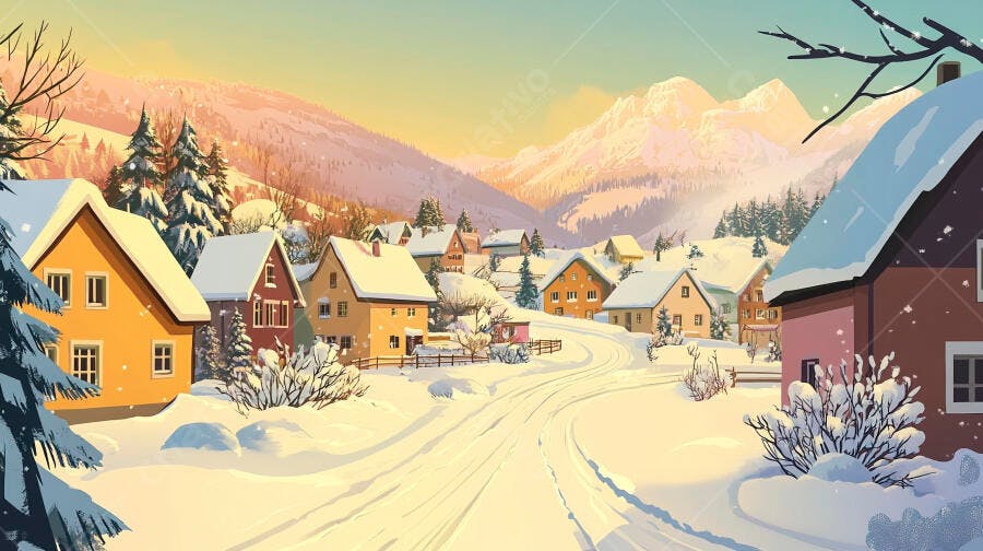 Vila de Inverno Neve Montanhas Ilustração Cenário