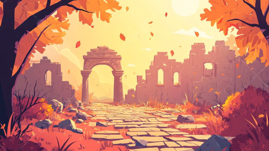 Ilustração Ruínas Antigas Caminho Outono Pôr do Sol