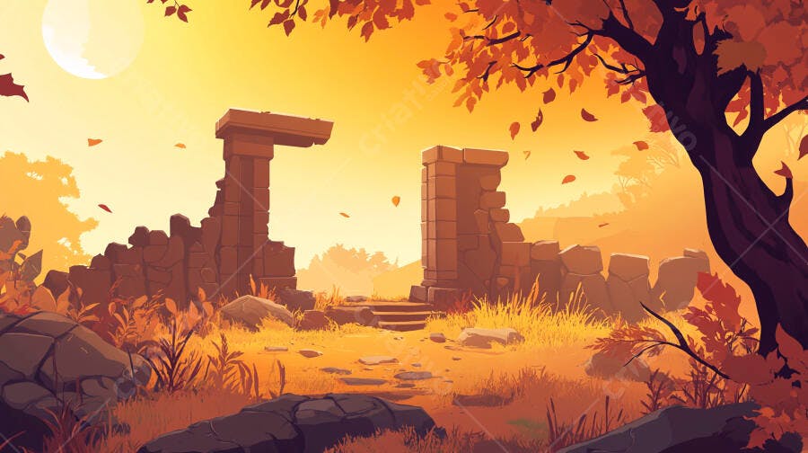 Ilustração Ruínas Antigas Outono Pôr do Sol Laranja