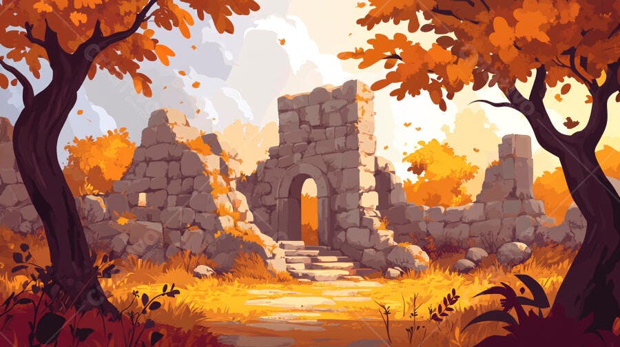 Ilustração Ruínas Antigas Outono Cenário Fantasia