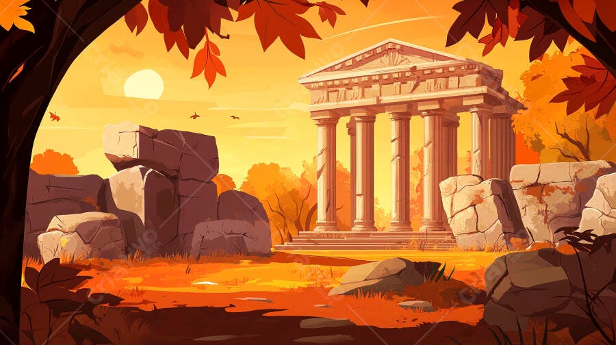 Ilustração Templo Grego Antigo Pôr do Sol Outono