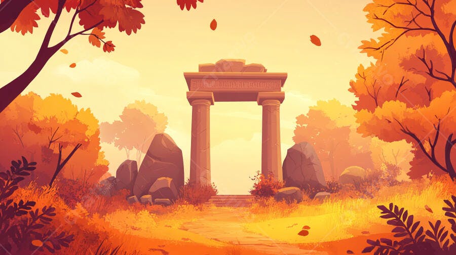 Ilustração Arco Antigo Floresta Outono Cores Quentes