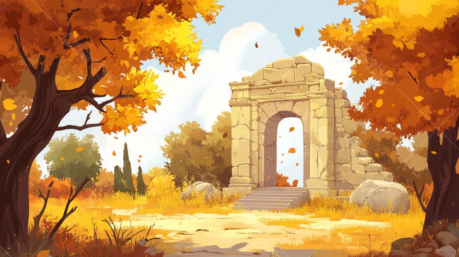 Ilustração Ruína Antiga Outono Floresta Laranja