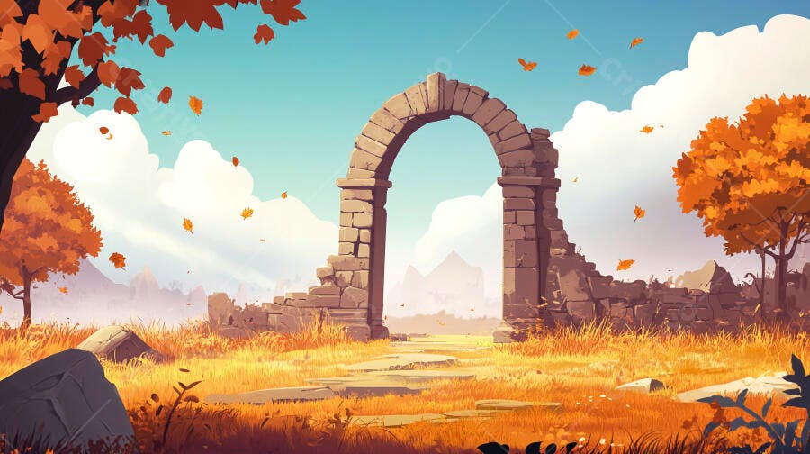 Ilustração Arco Ruínas Antigas Campo Outono Folhas Caindo