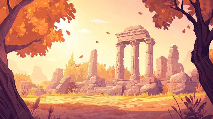 Ruínas Antigas Templo Grego em Paisagem Outono Dourado Ilustração