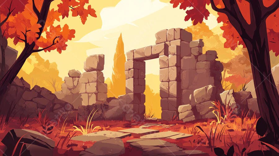 Ruínas Antigas Floresta Outono Ilustração Digital