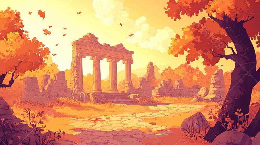 Ilustração Ruínas Antigas Templo Grego Pôr do Sol Laranja