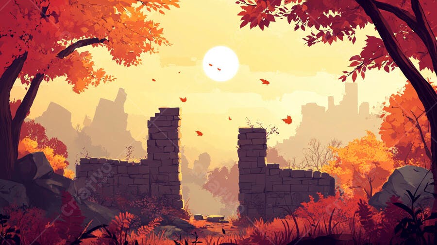 Ilustração Ruínas Antigas Outono Pôr do Sol Laranjado