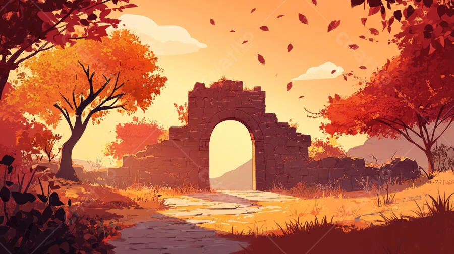 Ilustração Outono Portal Antigo Folhas Caindo Pôr do Sol