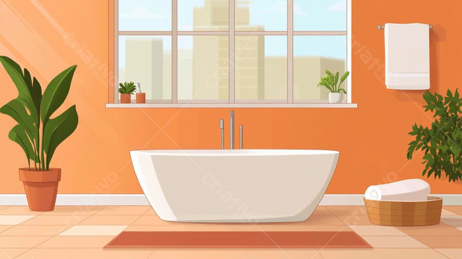 Ilustração Banheiro Moderno Banheira Plantas Janela