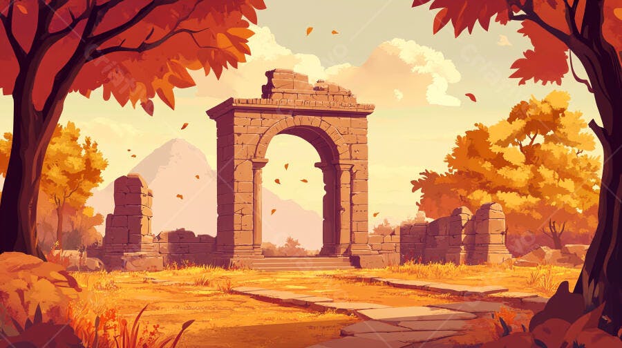 Ilustração Ruínas Antigas Outono Folhas Caindo Paisagem