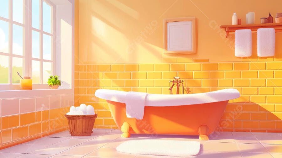 Foto Banheiro Ilustração 3D Banheira Laranja Luz Natural