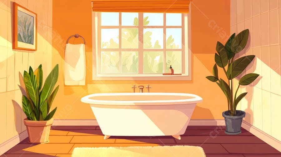 Ilustração Banheiro Moderno Banheira Plantas Luz Natural