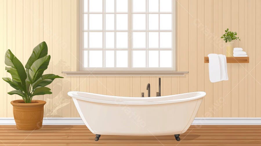 Banheiro Clean com Banheira Branca e Planta ao Lado da Janela