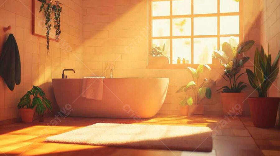 Foto Banheiro Moderno Banheira Plantas Luz Solar Ambiente Relaxante