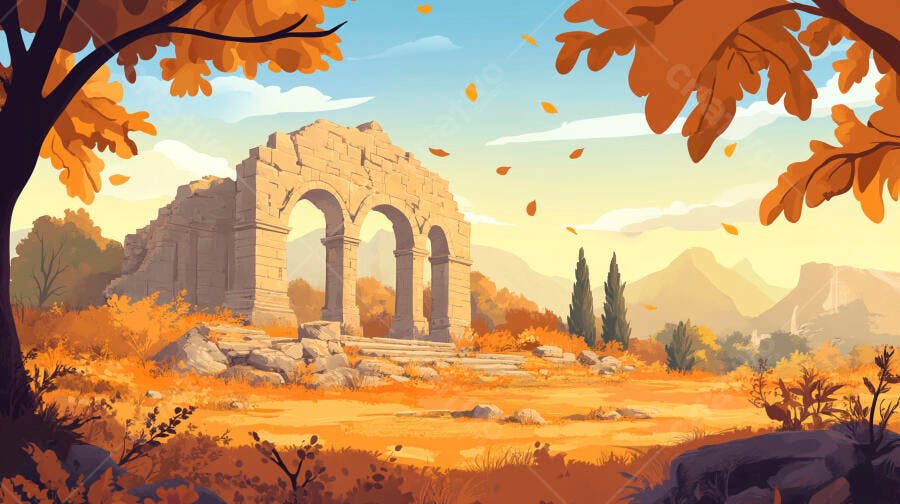 Ilustração Ruínas Antigas Outono Paisagem Dourada