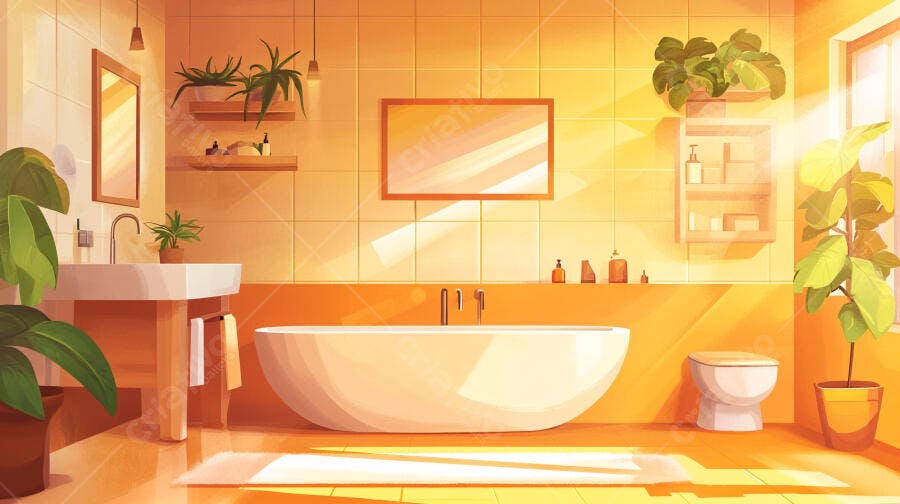 Ilustração Banheiro Moderno Luz Solar Quente Plantas