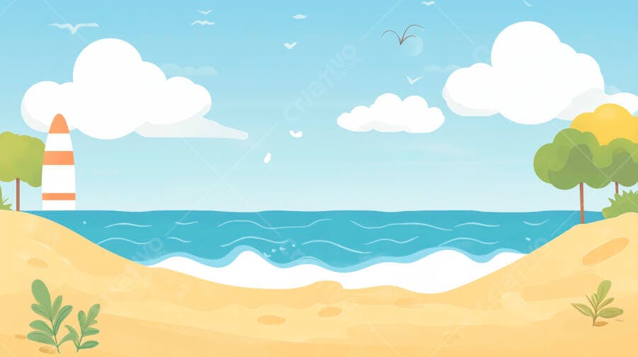 Ilustração Praia Verão Farol Mar Céu Azul Desenho Animado