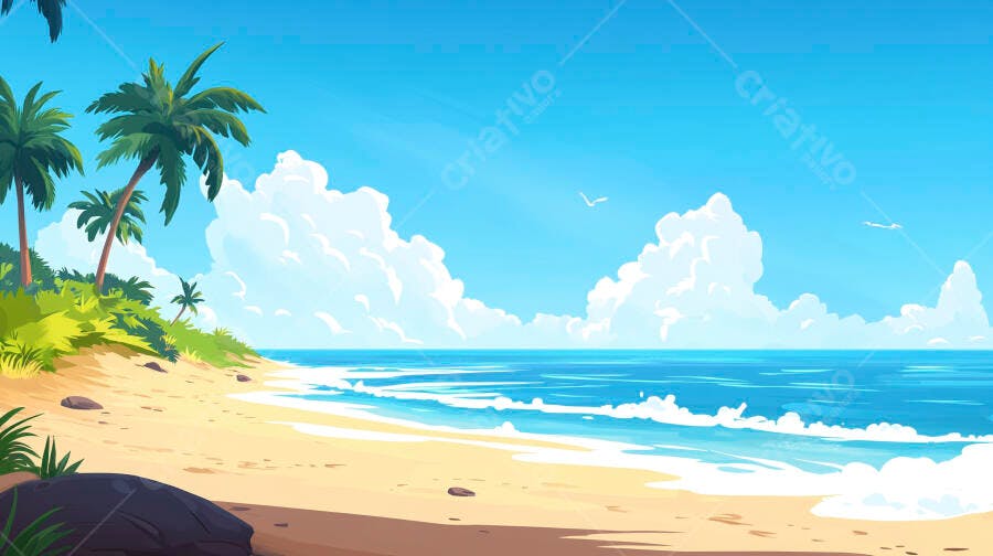 Ilustração Praia Tropical Mar Azul Coqueiros Verão