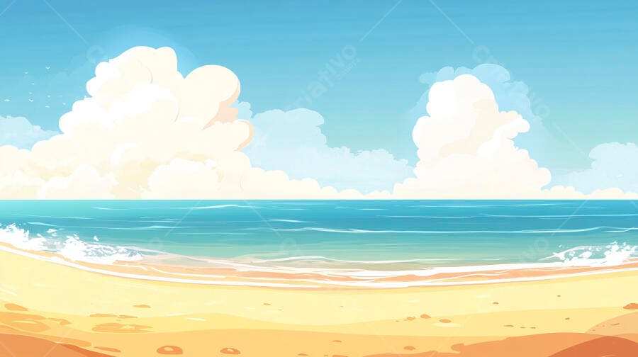 Praia Tropical Desenho Animado Céu Azul Nuvens Brancas