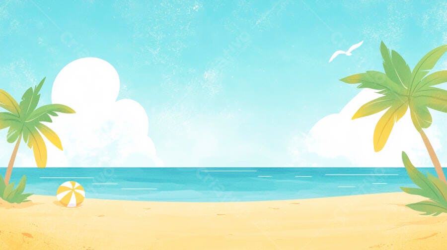 Cenário Praia Verão Coqueiros Mar Areia Ilustração