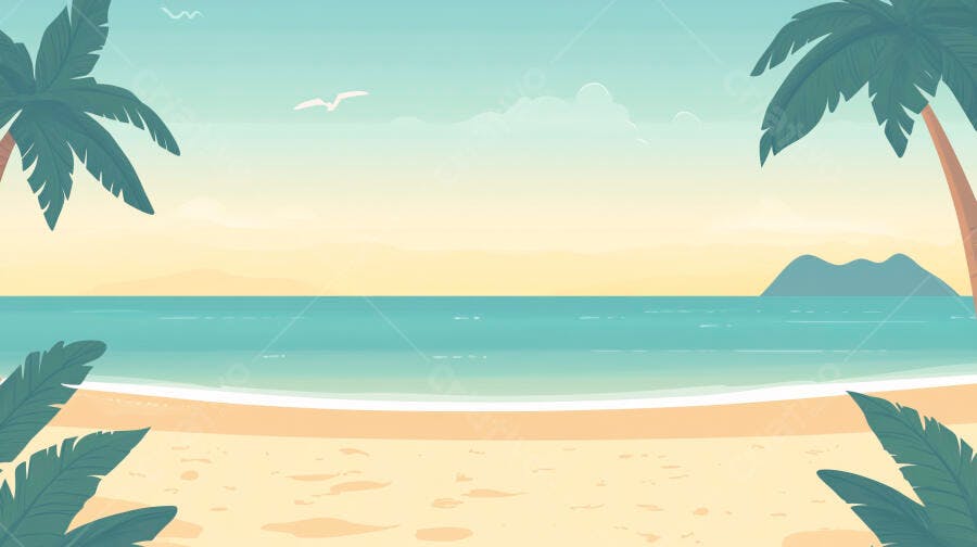 Ilustração Praia Tropical Coqueiros Mar Areia Férias Verão