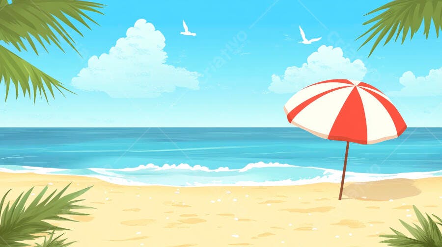 Ilustração Praia Verão Guarda-Sol Mar Azul Céu Limpo