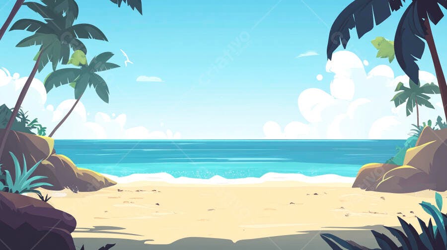 Ilustração Praia Tropical com Coqueiros e Mar Azul