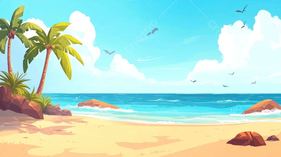 Ilustração Praia Tropical Coqueiros Mar Azul Verão