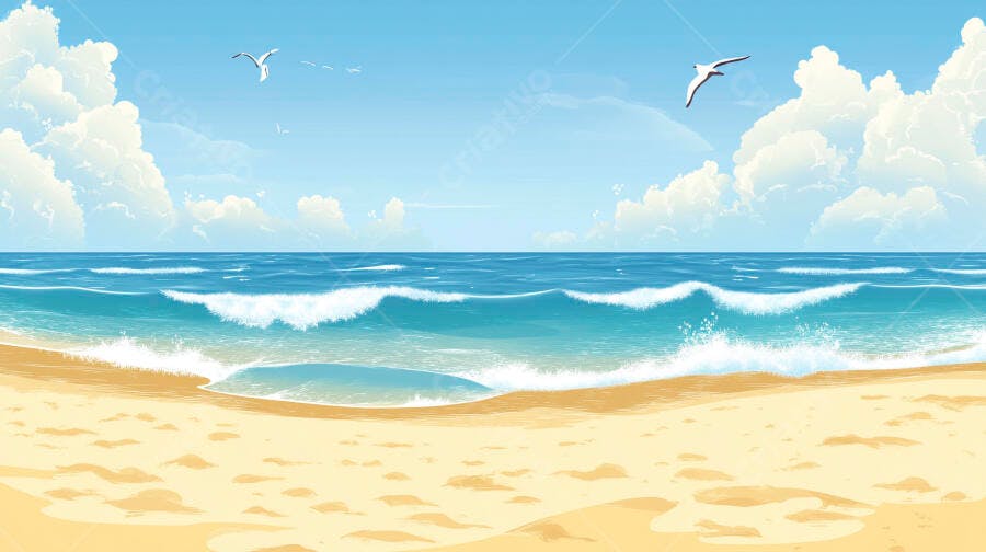 Ilustração Praia Verão Mar Ondas Areia Céu Azul