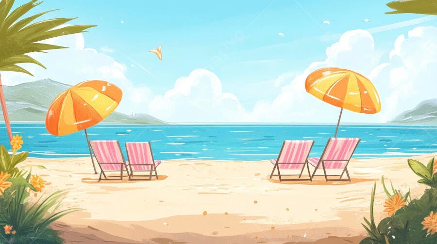 Ilustração Praia Verão Cadeiras Guarda-Sol Mar Azul