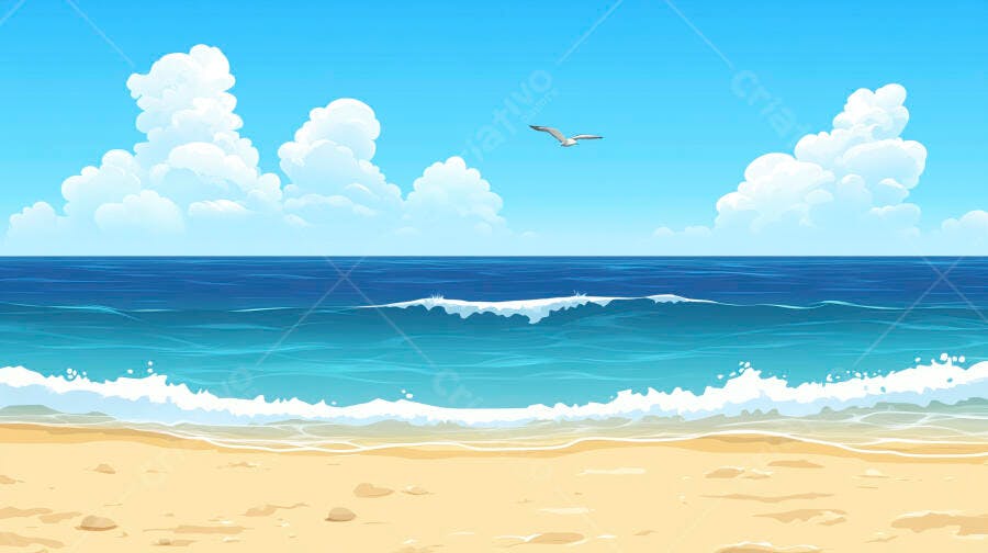 Ilustração Praia Tropical Mar Azul Céu Limpo Gaivota