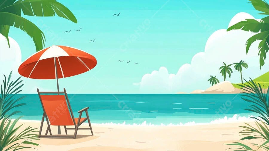 Ilustração Praia Tropical Cadeira Guarda-Sol Verão Férias