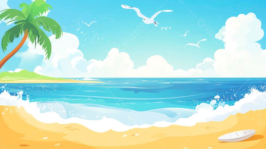 Ilustração Praia Tropical Verão Mar Azul Coqueiro