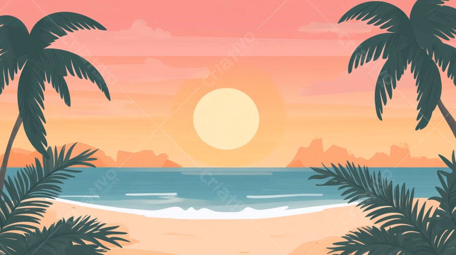 Ilustração Praia Tropical Pôr do Sol Coqueiros Mar Verão