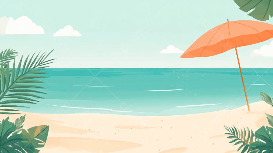 Ilustração Praia Tropical Verão com Guarda-Sol e Folhas