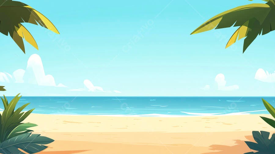 Cenário Praia Tropical Mar Azul Coqueiros Verão Ilustração