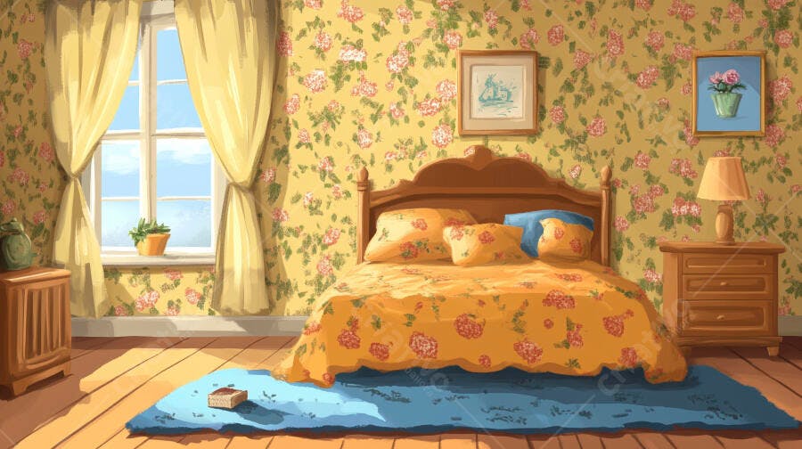 Quarto Aconchegante Estilo Provençal Floral Amarelo Ilustração