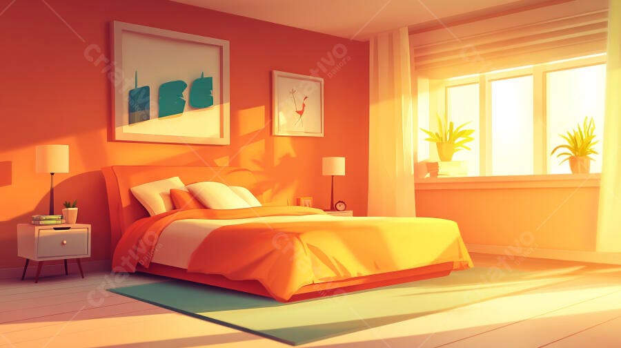Foto Quarto Laranja Cama Casal Iluminação Natural Aconchegante