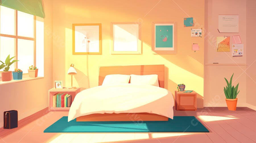 Quarto Ilustração Desenho Animado Luz do Sol Manhã