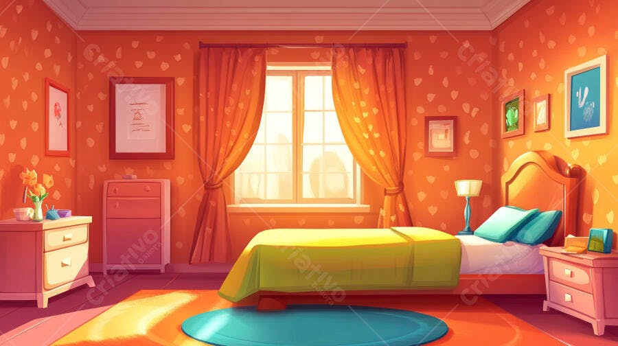 Quarto Infantil Laranja Aconchegante Ilustração Desenho Animado