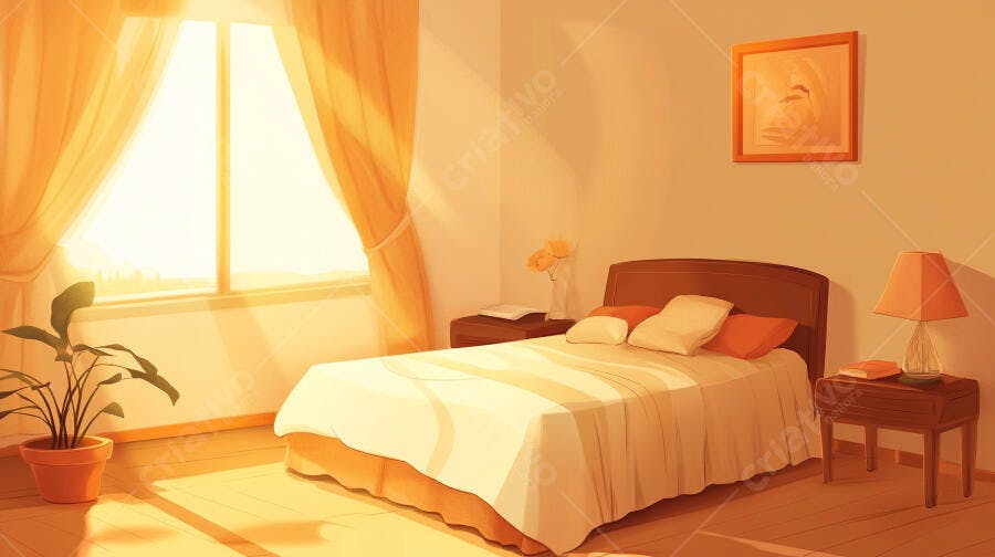 Quarto com Cama de Casal Iluminação Natural Dourada Manhã